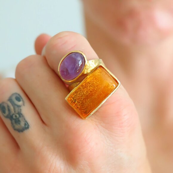 Baltic Amber And Amethyst Gold Ring- 14k Gold Plated s925 - Picture 2 of 8